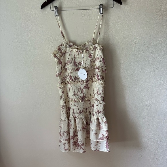 Storia Smocked Mini Dress Ruffle Cream & Pink Tie Dye Sleeveless Size Large - Picture 6 of 8